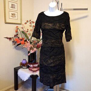 NWT Simon Chang Women's Well Tailored ¾ Sleeve Brown Gold Midi Lined Dress 8 M